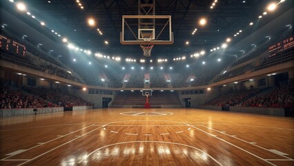 Illuminated basketball arena with packed stands and polished wooden court