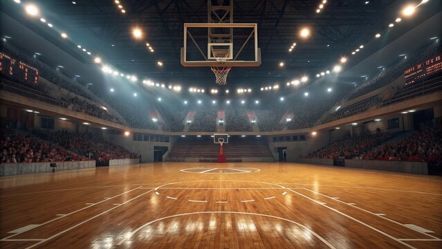 Illuminated basketball arena with packed stands and polished wooden court - Powered by Adobe