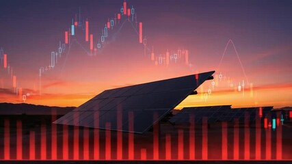 Solar panels are set against a sunset sky with overlaid stock market graphs bar chart - Powered by Adobe
