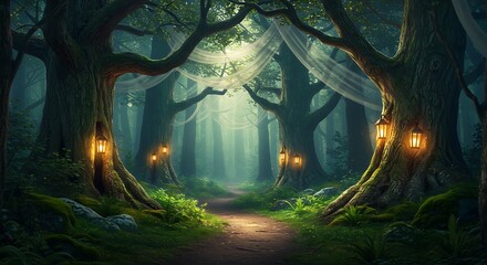 Enchanted Forest Path with Lanterns and Veils Between Trees