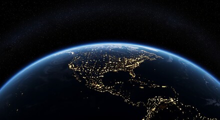 Earth at Night View Showing North America and Surrounding Stars