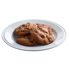 A plate of delicious chocolate chip cookies, freshly baked, displaying a golden brown color, highlighting their texture and richness, ideal for dessert lovers.