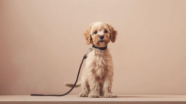 Cavapoo puppy sitting calmly on leash, soft brown fur highlighting gentle expression in neutral studio setting