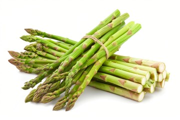 Fresh green asparagus spears are tied with twine on a white background