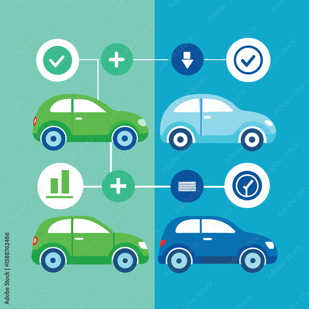 Poster stylized illustration showing cars with various comparison elements for different features visualize