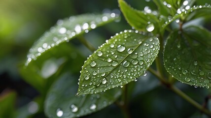 Close-up of water droplets on green leaves after rain with bokeh background