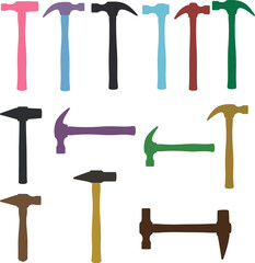 Diverse Hammer Silhouettes Collection: Essential Hand Tools for Construction, Carpentry & DIY Projects - Colorful Vector Set.