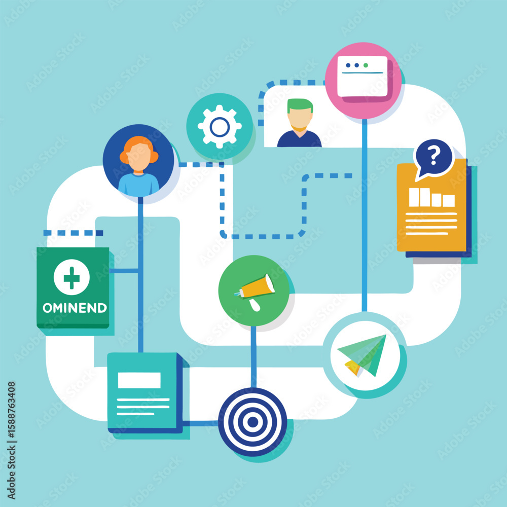 Poster visual illustration of a modern strategy roadmap representing business processes and communication f