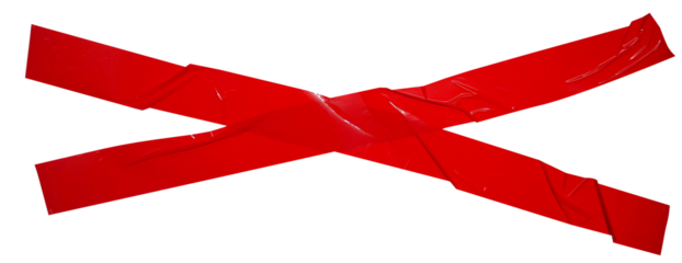 Torn crumpled cross adhesive red tape on transparent background. x sign. 2 piece of cross plastic, glossy shine texture.