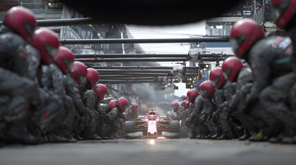 Pit crews in action required to quickly change tires in a Formula 1 pit lane
