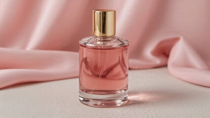"Elegant Glass Bottle with Pink Liquid and Soft Pink Fabric Background"