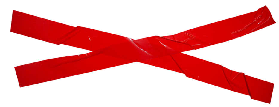 Torn crumpled cross adhesive red tape on transparent background. x sign. 2 piece of cross plastic, glossy shine texture.