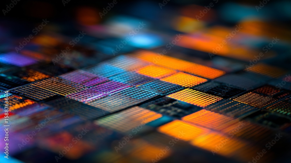 Poster intricate macro shot showcases colorful silicon wafer with complex grid patterns and geometric shape