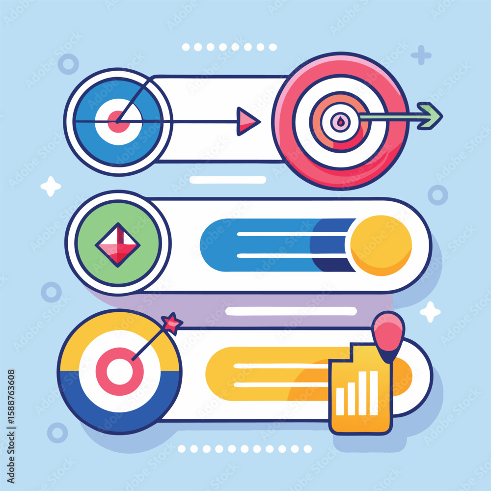 Poster visual representation of sales target achievement depicting progress tracking with colorful infograp