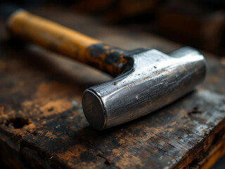 Classic Steel Hammer. Hammer on Wooden Surface. Tool for a Craftsman