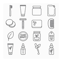 Eco beauty icon collection. simple linear icons: toothbrush, jar, razor, leaf, soap, eco tag vector icons.