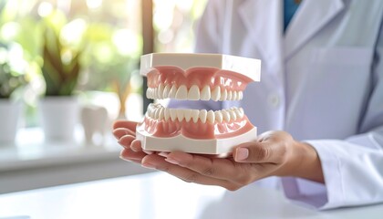 Dentist holding model teeth