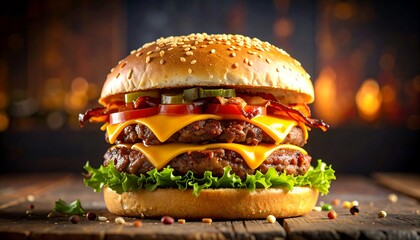 Delicious double cheeseburger on a rustic wooden table