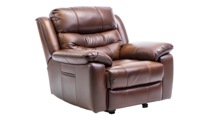 Cozy brown leather recliner armchair invites relaxation and comfort with its plush design, perfect for home interiors, transparent background