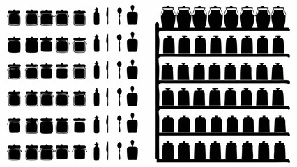 Silhouette illustration of jars, bottles, cutlery, and a shelf with jars, all in a simple black and white style