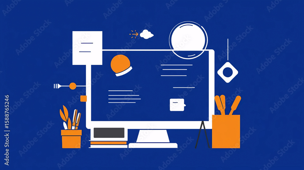 Fototapete flat design style of web development process with computer screen and digital icons on blue background