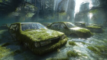 Flooded city landscape with abandoned cars overgrown by vegetation and submerged in water