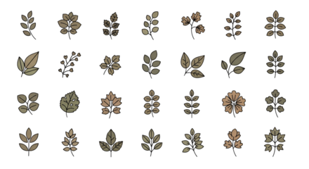 Collection of Minimalist Botanical Leaf Patterns in Neutral Tones on Transparent Background