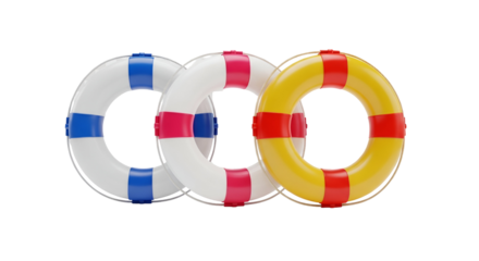 Colorful Lifebuoys with Blue Red and Yellow Stripes on Transparent Background