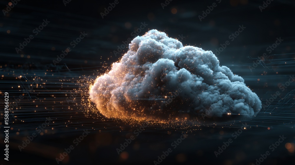 Poster conceptual cloud computing illustration with glowing particles and interconnected network lines show