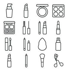 Fototapeta premium Makeup icon collection: simple cosmetic and beauty tools silhouette set. lipstick, brush, eyeliner vector icons.