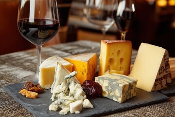 A carefully chosen assortment of mature cheeses displayed on a platter, accompanied by a glass of wine.
