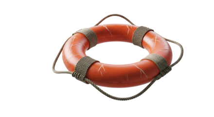 Orange Life Buoy Ring with Rope on Transparent Background for Water Safety