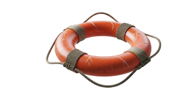 Orange Life Buoy Ring with Rope on Transparent Background for Water Safety