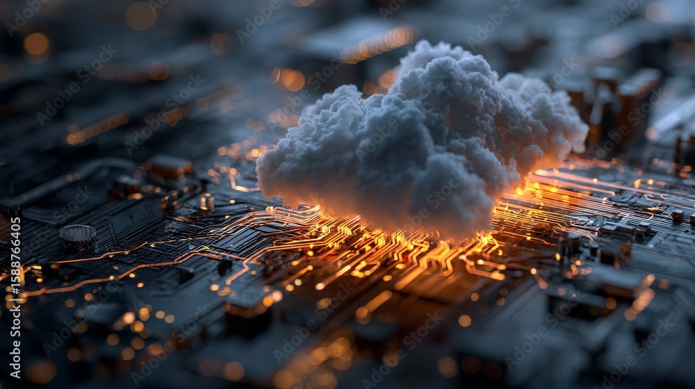Poster digital cloud hovering above intricate circuit board illuminates the connected world with data proce