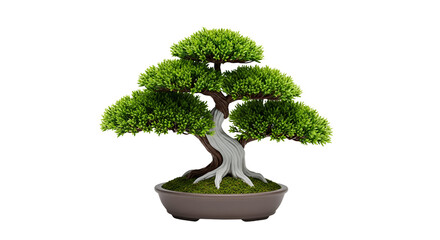 Miniature Green Bonsai Tree in Pot with Lush Foliage and Twisted Trunk on Transparent Background