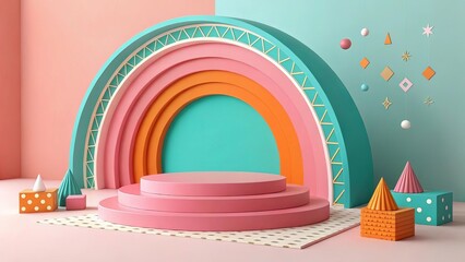Whimsical rainbow arch display with geometric shapes and pastel colors
