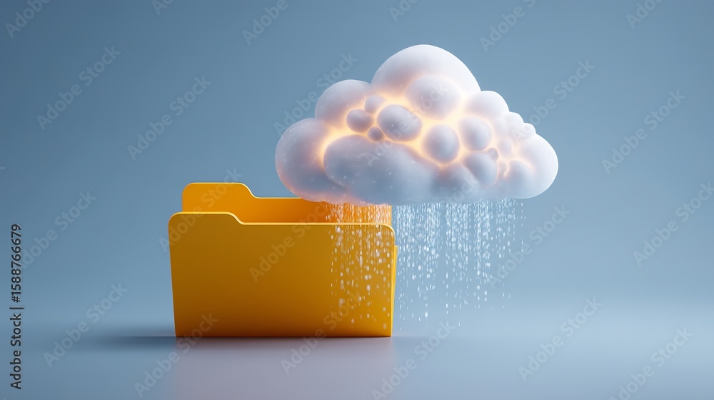 Poster conceptual cloud computing illustration depicting file transfer with illuminated cloud over a folder