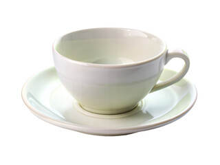 Serene white ceramic cup with matching saucer presents a simple elegance against a stark black backdrop, ideal for minimalist designs, transparent background