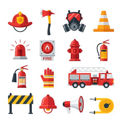 Collection of firefighting equipment and safety symbols isolated on transparent background