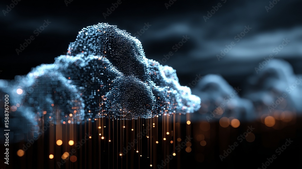 Poster digital cloud with shimmering data points and glowing rain, illustrating cloud computing and innovat
