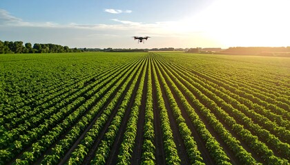 Drone surveying a vibrant green field