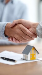 Real estate agent and client engaging in a handshake after finalizing a contract for a new home, with a miniature house and pen placed on the table, symbolizing a successful deal
