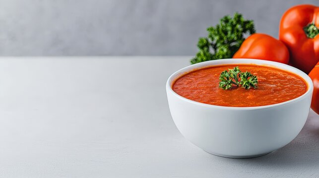 Creamy tomato soup is presented in a white bowl, garnished with fresh parsley, with ripe tomatoes in the background, creating a vibrant culinary scene