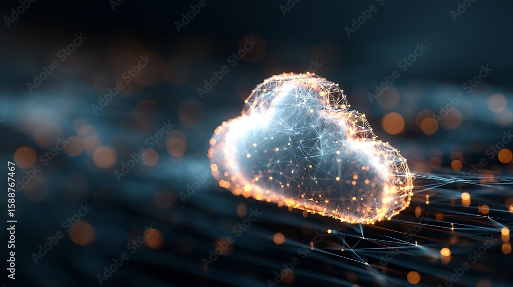 Poster digital cloud network with shining lights, representing data storage and advanced future technology 