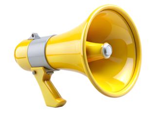 Bold yellow megaphone shines against a stark transparent background, emphasizing sound, communication, and alert concepts for dynamic projects.