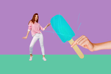 Pop art full zine photo collage of happy girl guy dance ice cream hand hold stick frozen juice...