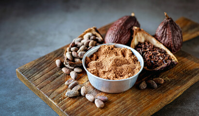 cocoa powder with cocoa bean and cocoa nibs, cacao pods on gray background