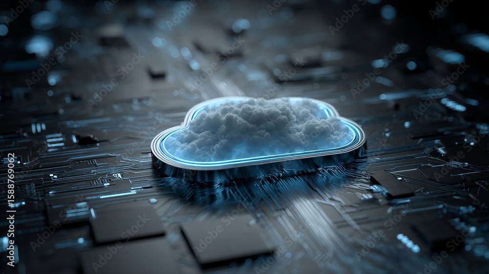 Poster cloud computing concept showcasing digital cloud icon surrounded by technology hardware and circuit 