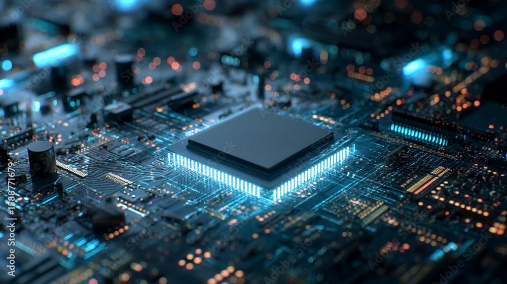 Poster technological advancement reflected in blue glowing cpu with intricate circuitry pathways in a digit