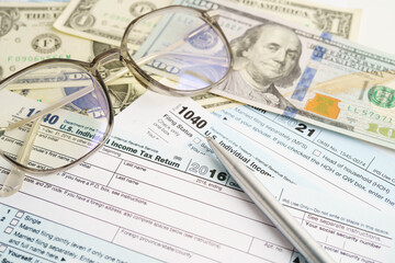 Tax form 1040 U.S. Individual Income Tax Return, business finance concept.